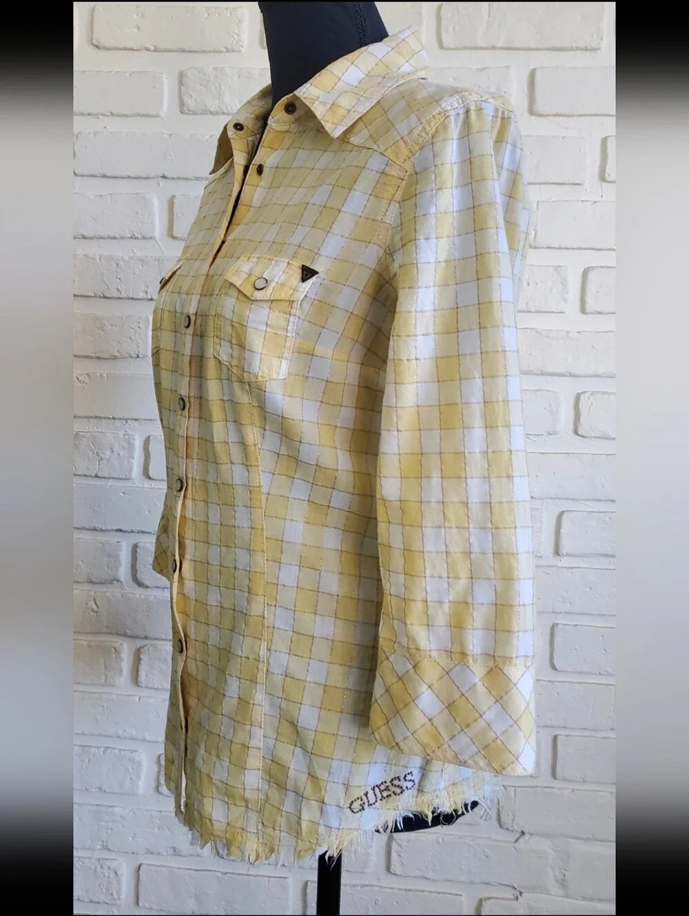 Guess Plaid Western Button-Down Shirt Embroider Raw Frayed Hem Vintage Y2K Rare - Picture 7 of 16